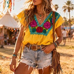 Boho Mexican Embroidered Floral Top 🌺 Yellow Festival Coachella Vibes Medium